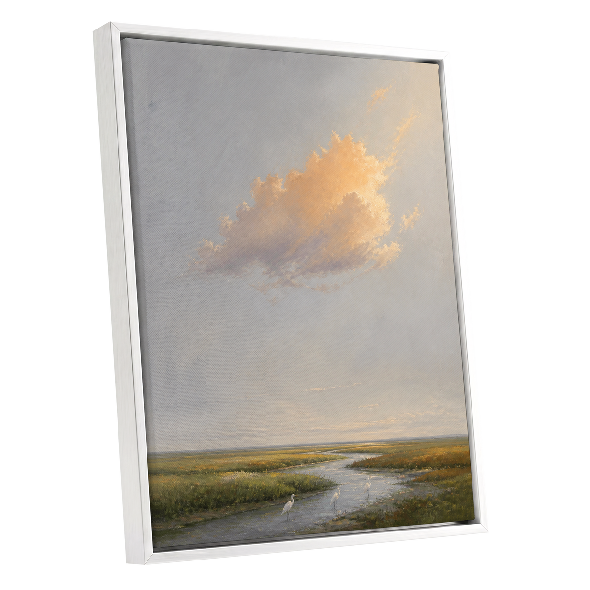 Golden Cloud Over Marsh, gray, gold, green nature wall art shown as a white framed canvas wall art