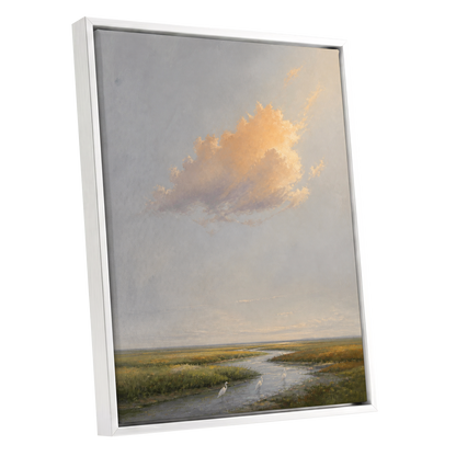 Golden Cloud Over Marsh, gray, gold, green nature wall art shown as a white framed canvas wall art