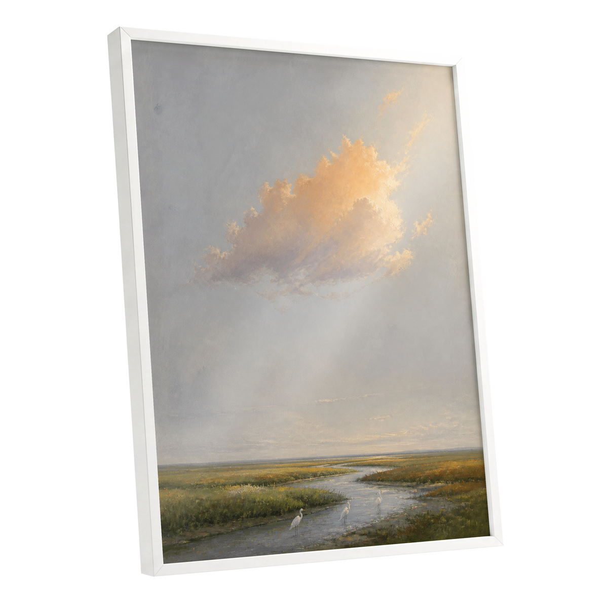 Golden Cloud Over Marsh, gray, gold, green nature wall art shown as a white framed poster wall art print