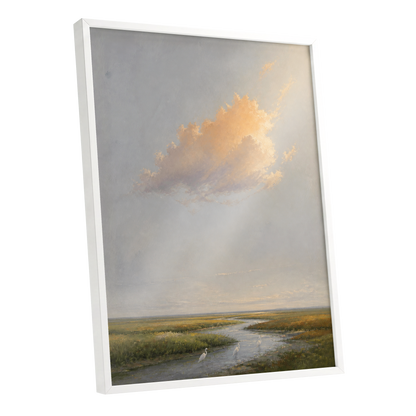 Golden Cloud Over Marsh, gray, gold, green nature wall art shown as a white framed poster wall art print