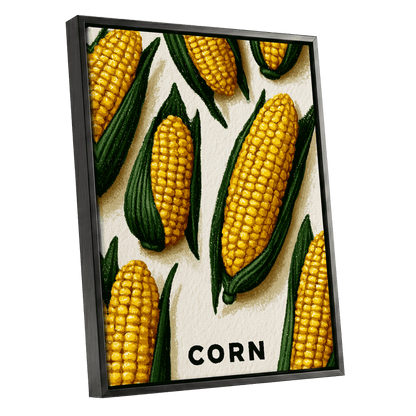 Golden Corn Harvest, yellow, green, beige nature wall art shown as a black framed canvas wall art