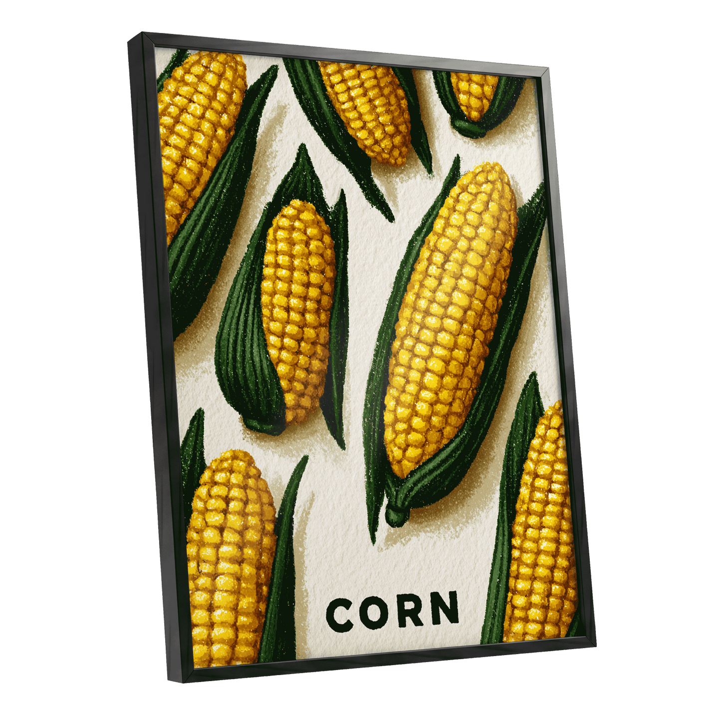 Golden Corn Harvest, yellow, green, beige nature wall art shown as a black framed poster wall art print