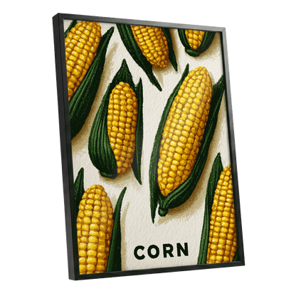 Golden Corn Harvest, yellow, green, beige nature wall art shown as a black framed poster wall art print