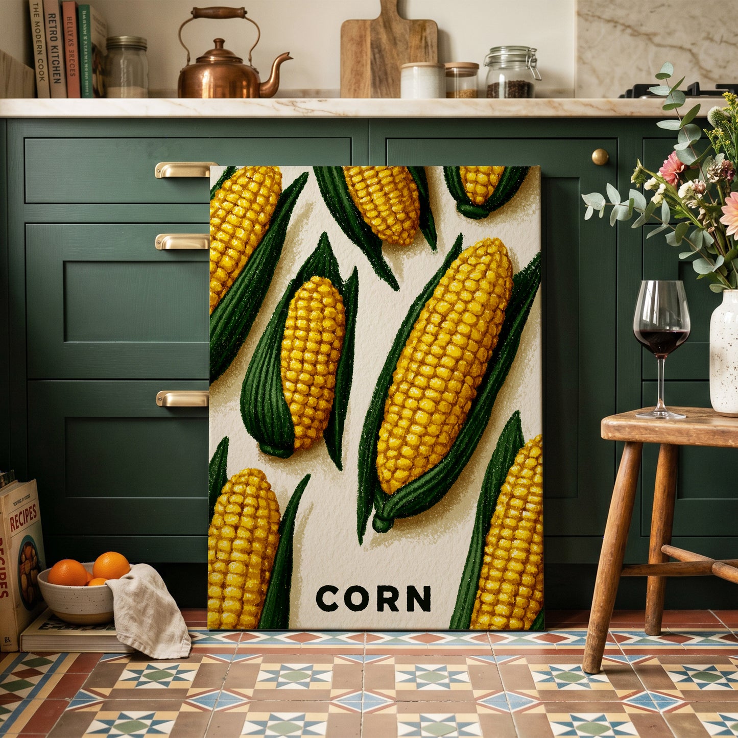 Golden Corn Harvest, yellow, green, beige nature wall art on canvas displayed in a styled interior, gallery view 1
