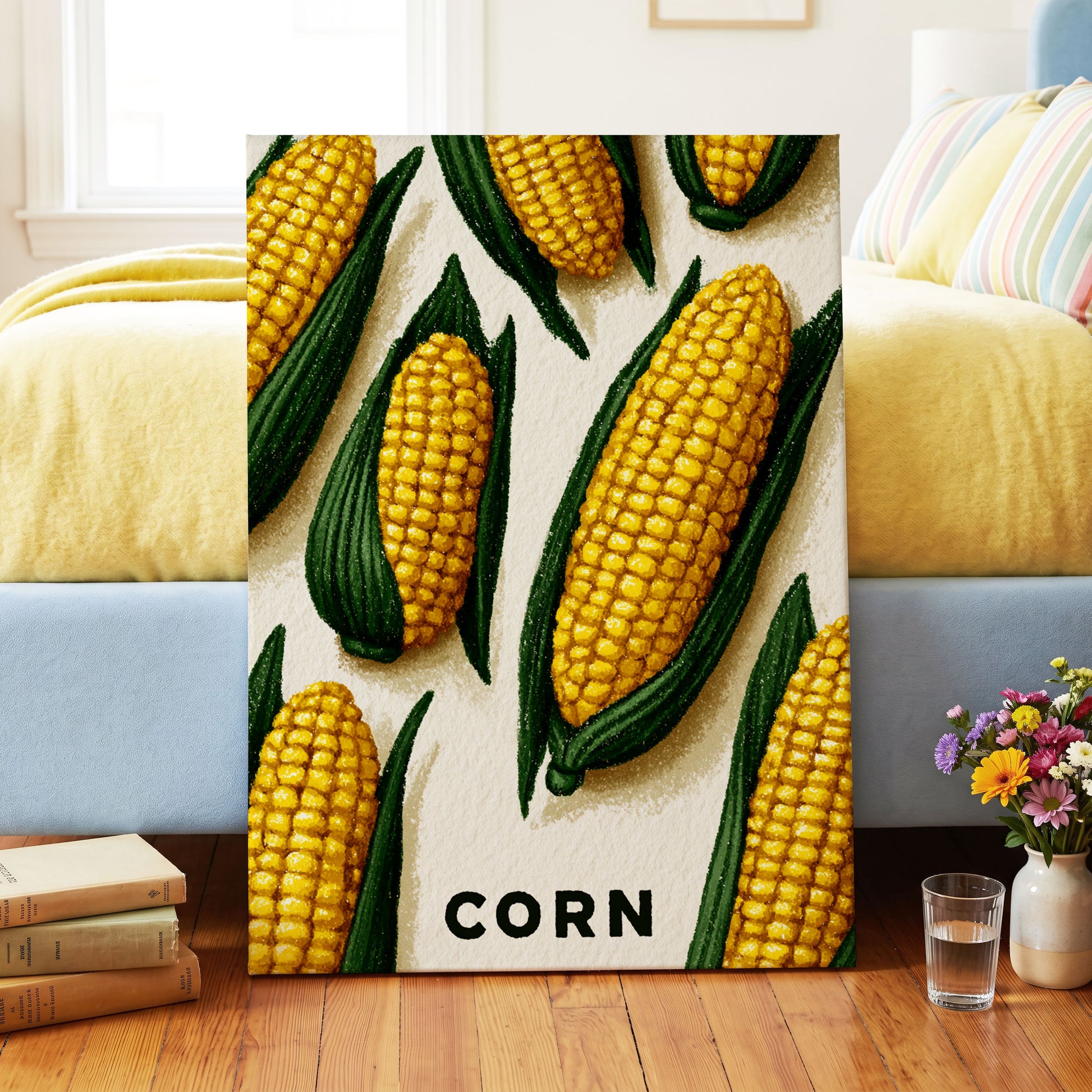 Golden Corn Harvest, yellow, green, beige nature wall art on canvas displayed in a styled interior, gallery view 2