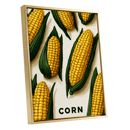 Golden Corn Harvest, yellow, green, beige nature wall art shown as a gold framed canvas wall art