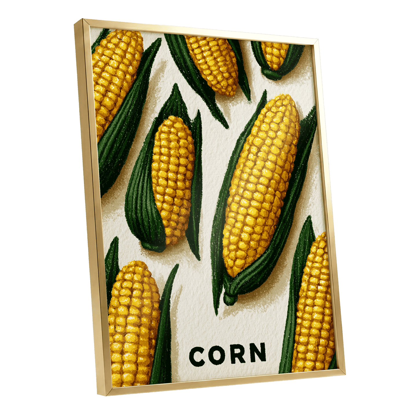 Golden Corn Harvest, yellow, green, beige nature wall art shown as a gold framed poster wall art print