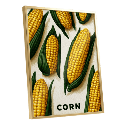 Golden Corn Harvest, yellow, green, beige nature wall art shown as a gold framed poster wall art print