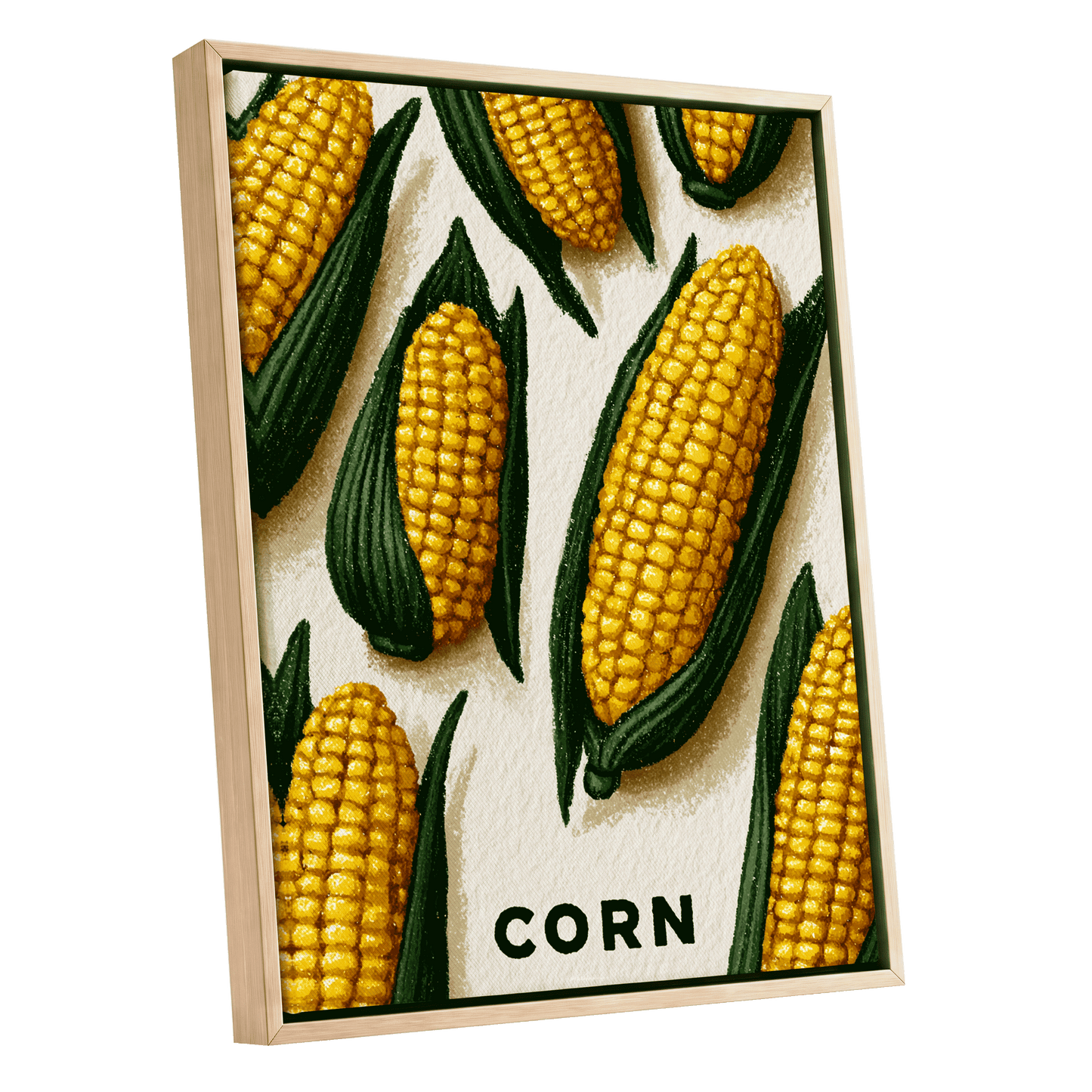 Golden Corn Harvest, yellow, green, beige nature wall art shown as a oak framed canvas wall art