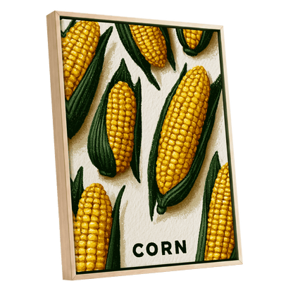 Golden Corn Harvest, yellow, green, beige nature wall art shown as a oak framed canvas wall art