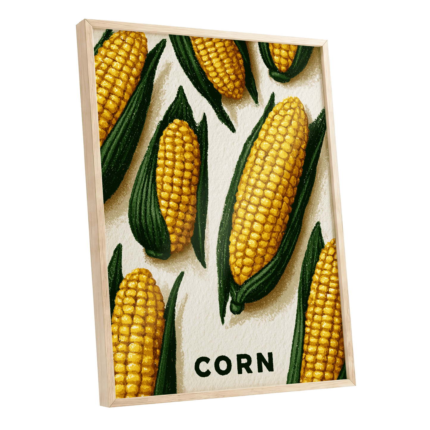 Golden Corn Harvest, yellow, green, beige nature wall art shown as a oak framed poster wall art print