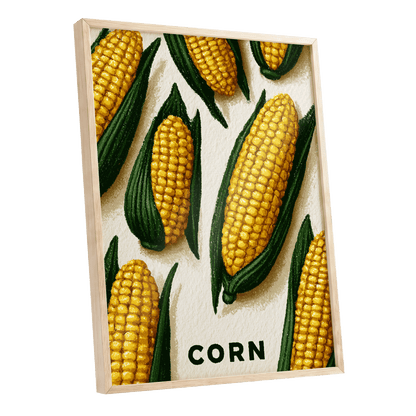 Golden Corn Harvest, yellow, green, beige nature wall art shown as a oak framed poster wall art print