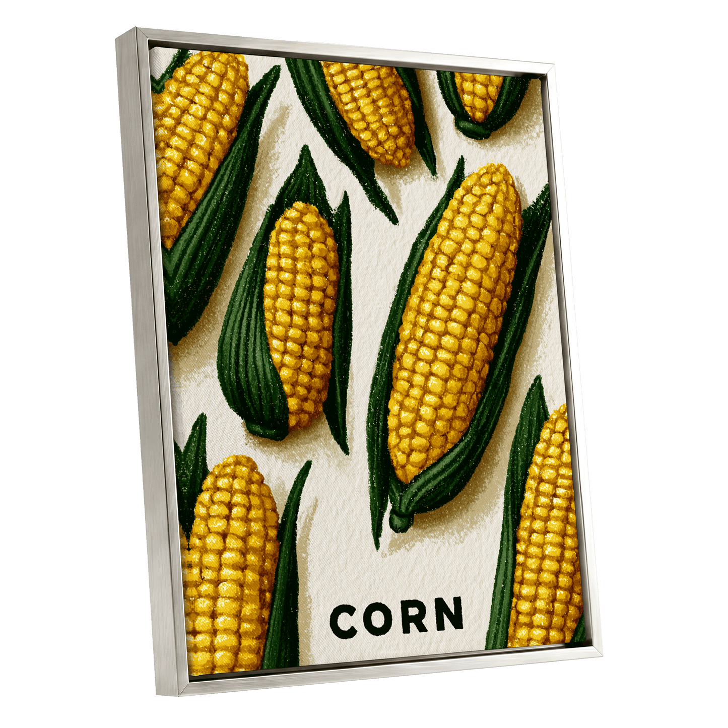 Golden Corn Harvest, yellow, green, beige nature wall art shown as a silver framed canvas wall art