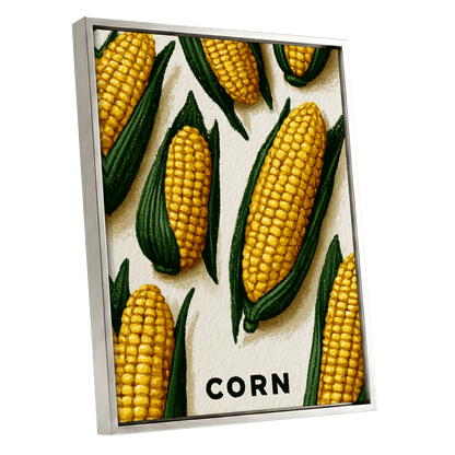 Golden Corn Harvest, yellow, green, beige nature wall art shown as a silver framed canvas wall art