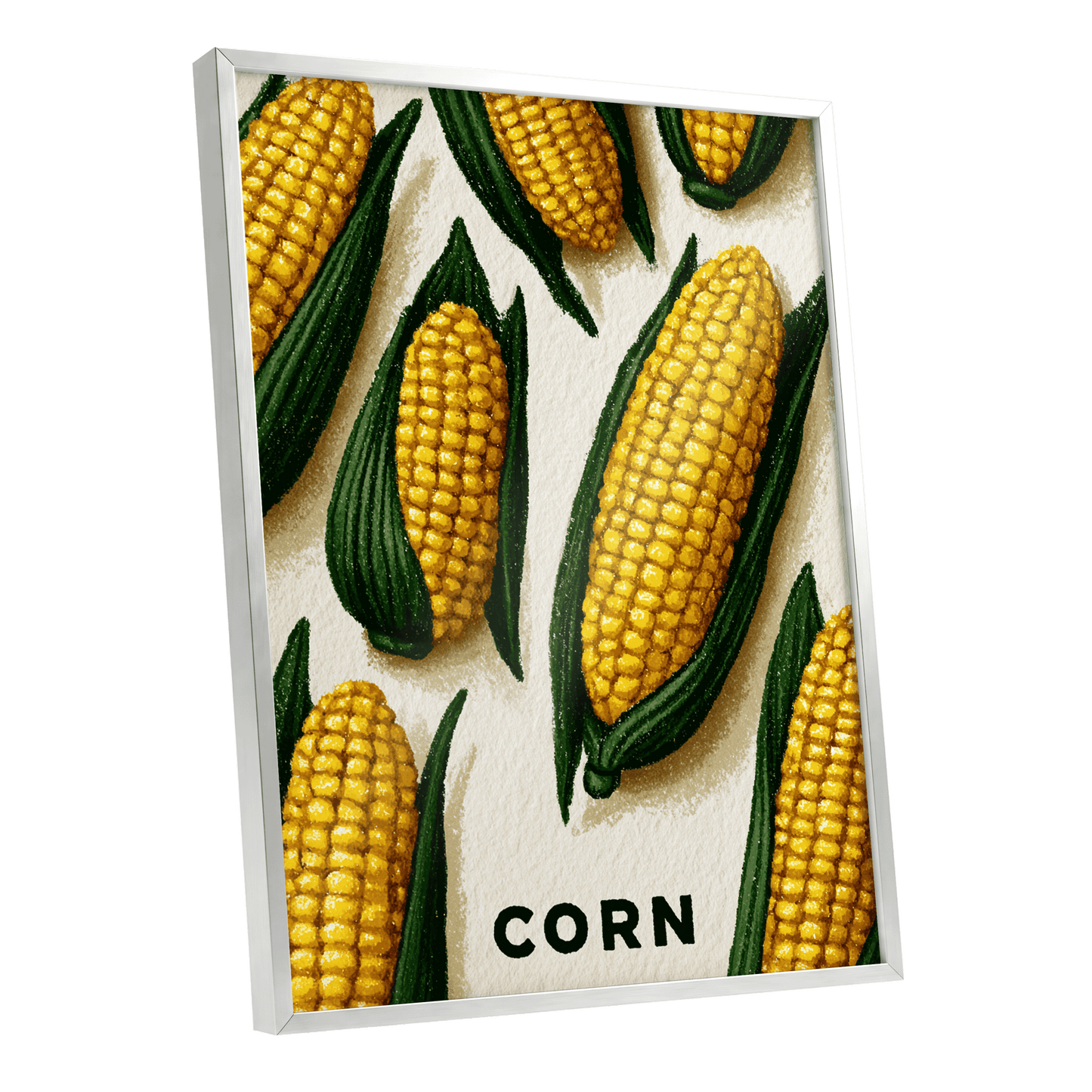 Golden Corn Harvest, yellow, green, beige nature wall art shown as a silver framed poster wall art print