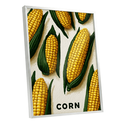 Golden Corn Harvest, yellow, green, beige nature wall art shown as a silver framed poster wall art print