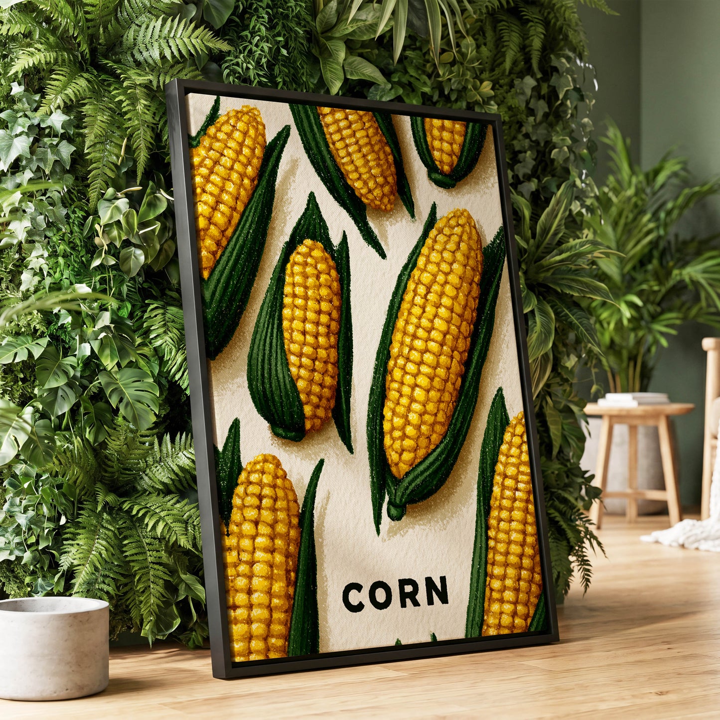 Golden Corn Harvest, yellow, green, beige nature wall art displayed in a styled interior, gallery view 1