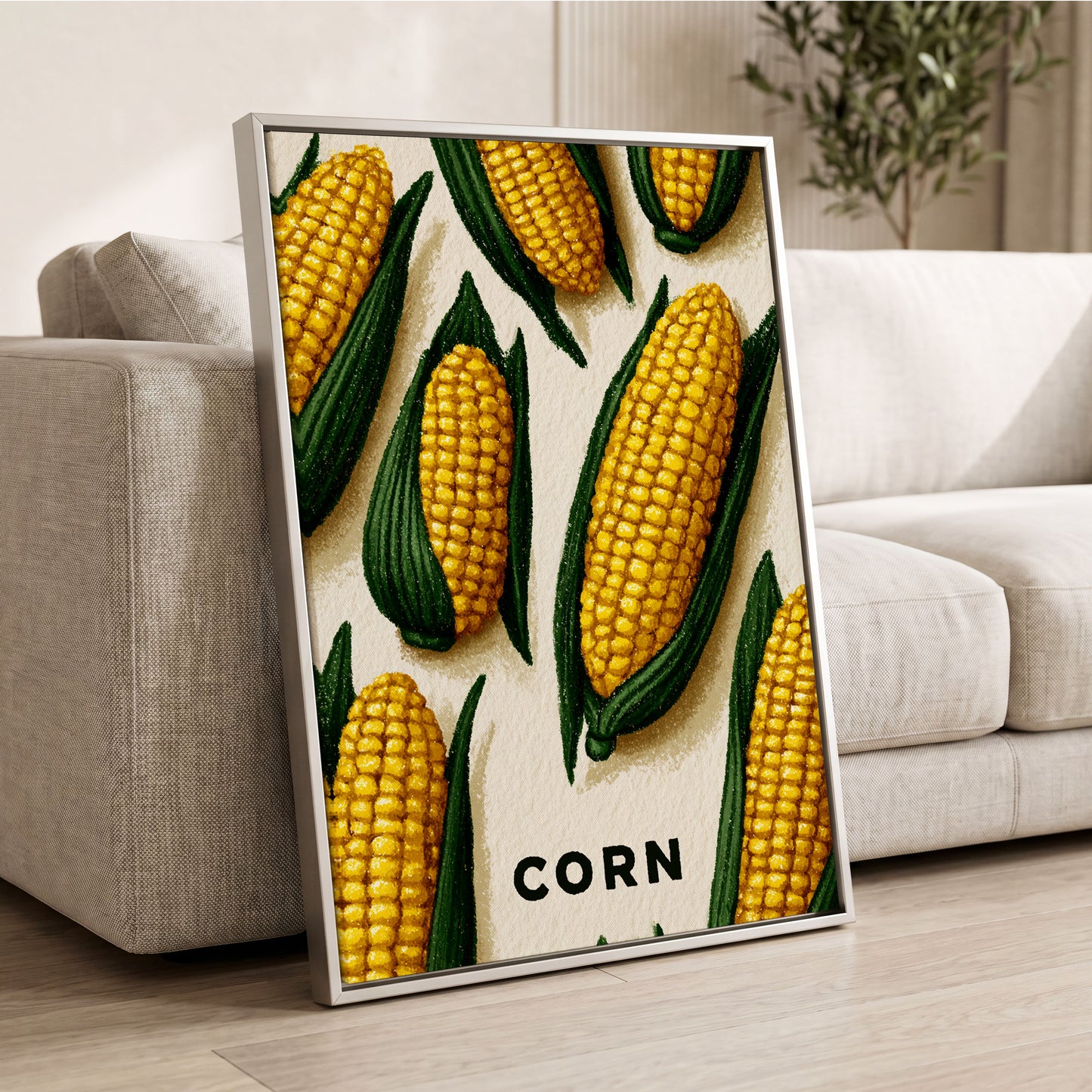 Golden Corn Harvest, yellow, green, beige nature wall art displayed in a styled interior, gallery view 2