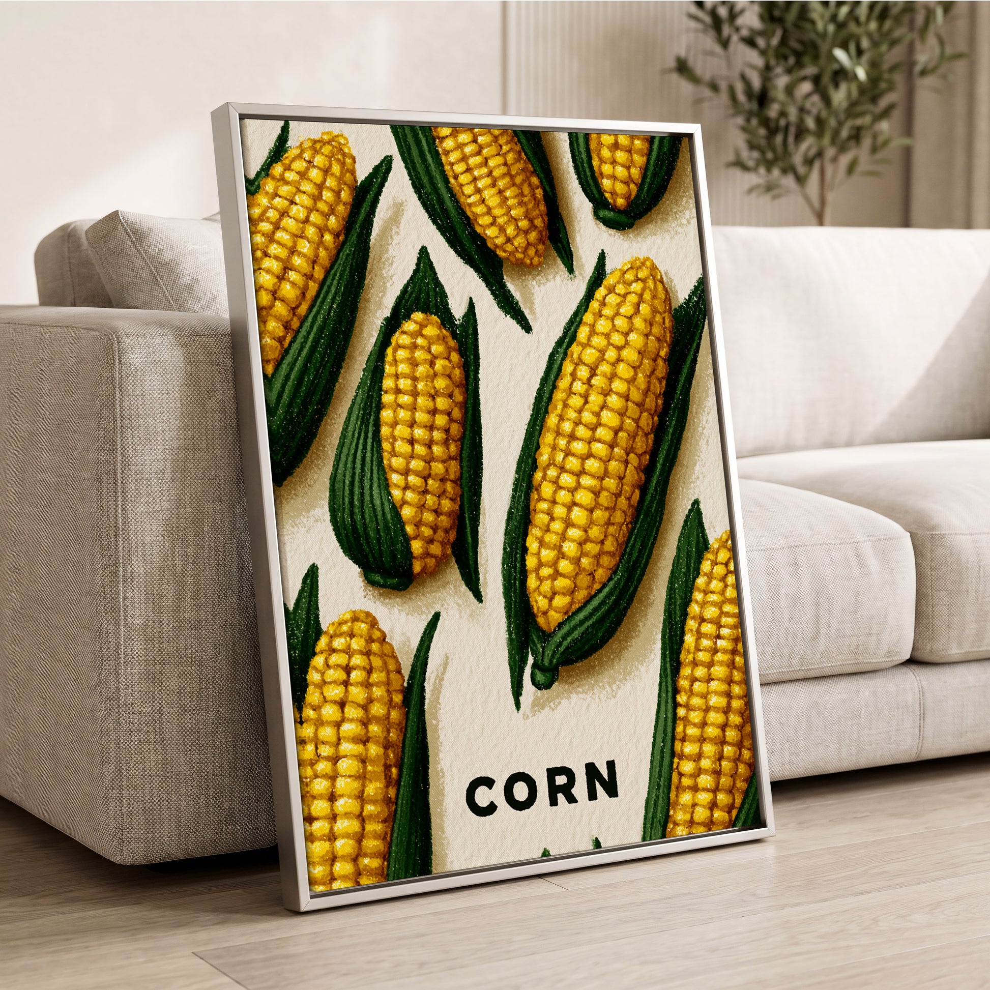 Golden Corn Harvest, yellow, green, beige nature wall art displayed in a styled interior, gallery view 2