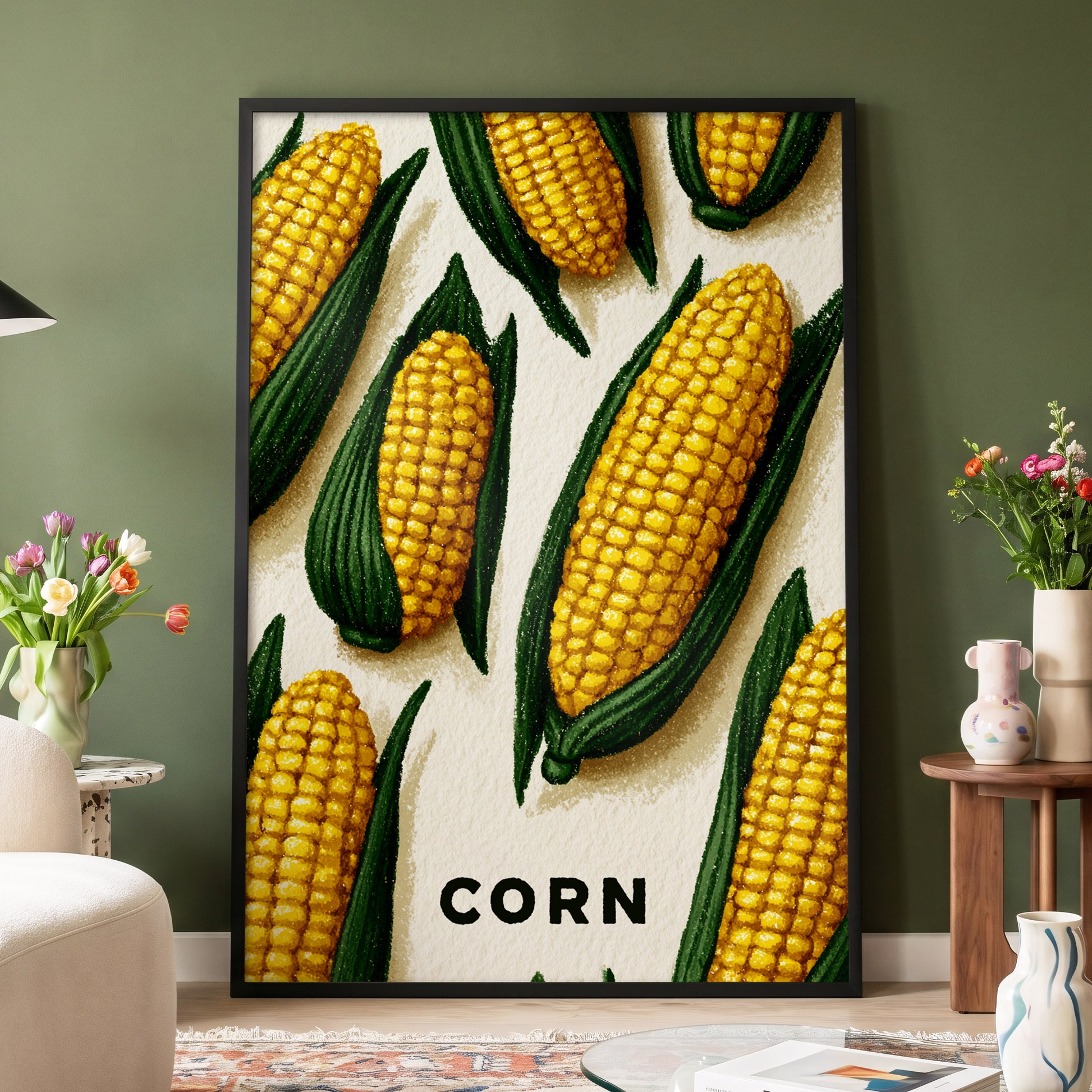 Golden Corn Harvest, yellow, green, beige nature wall art displayed in a styled interior, gallery view 4