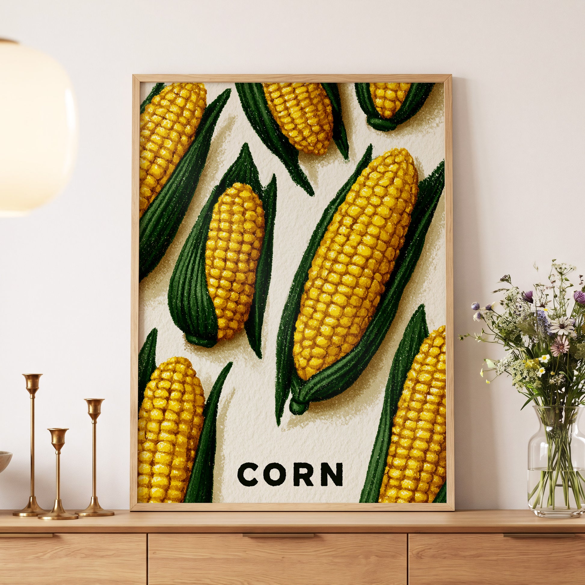 Golden Corn Harvest, yellow, green, beige nature wall art displayed in a styled interior, gallery view 5