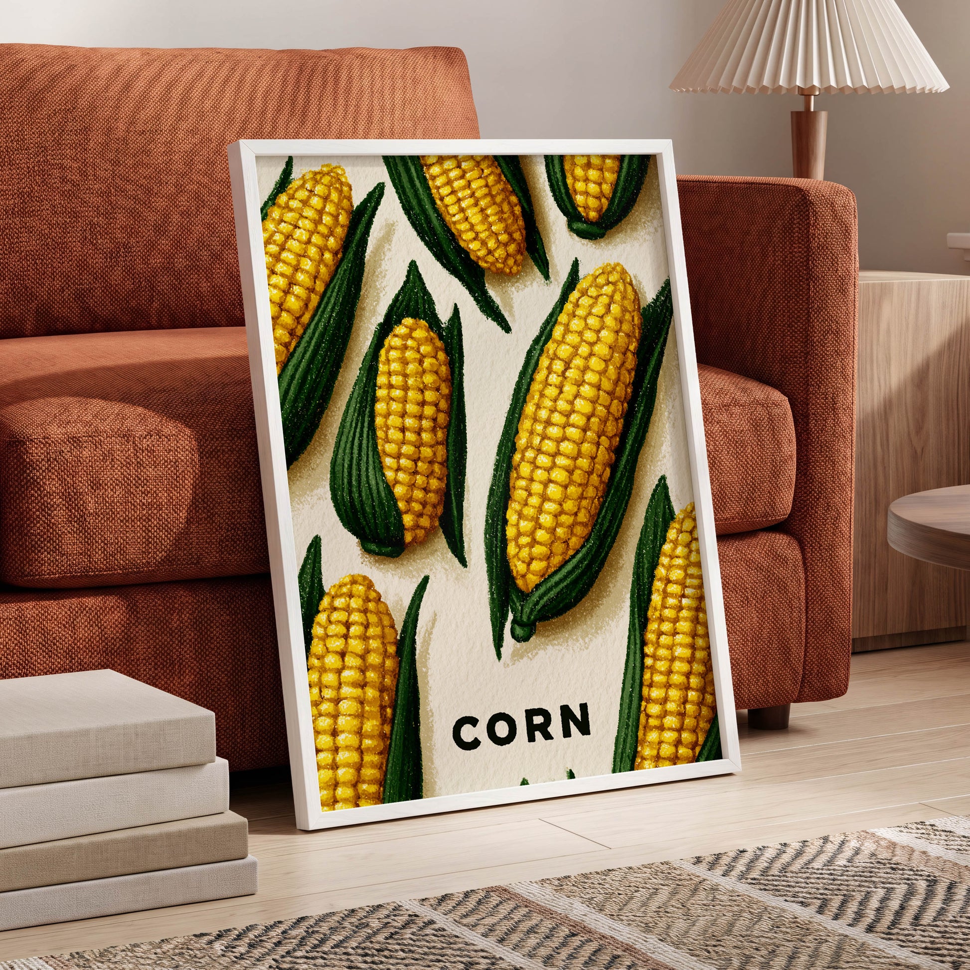 Golden Corn Harvest, yellow, green, beige nature wall art displayed in a styled interior, gallery view 6