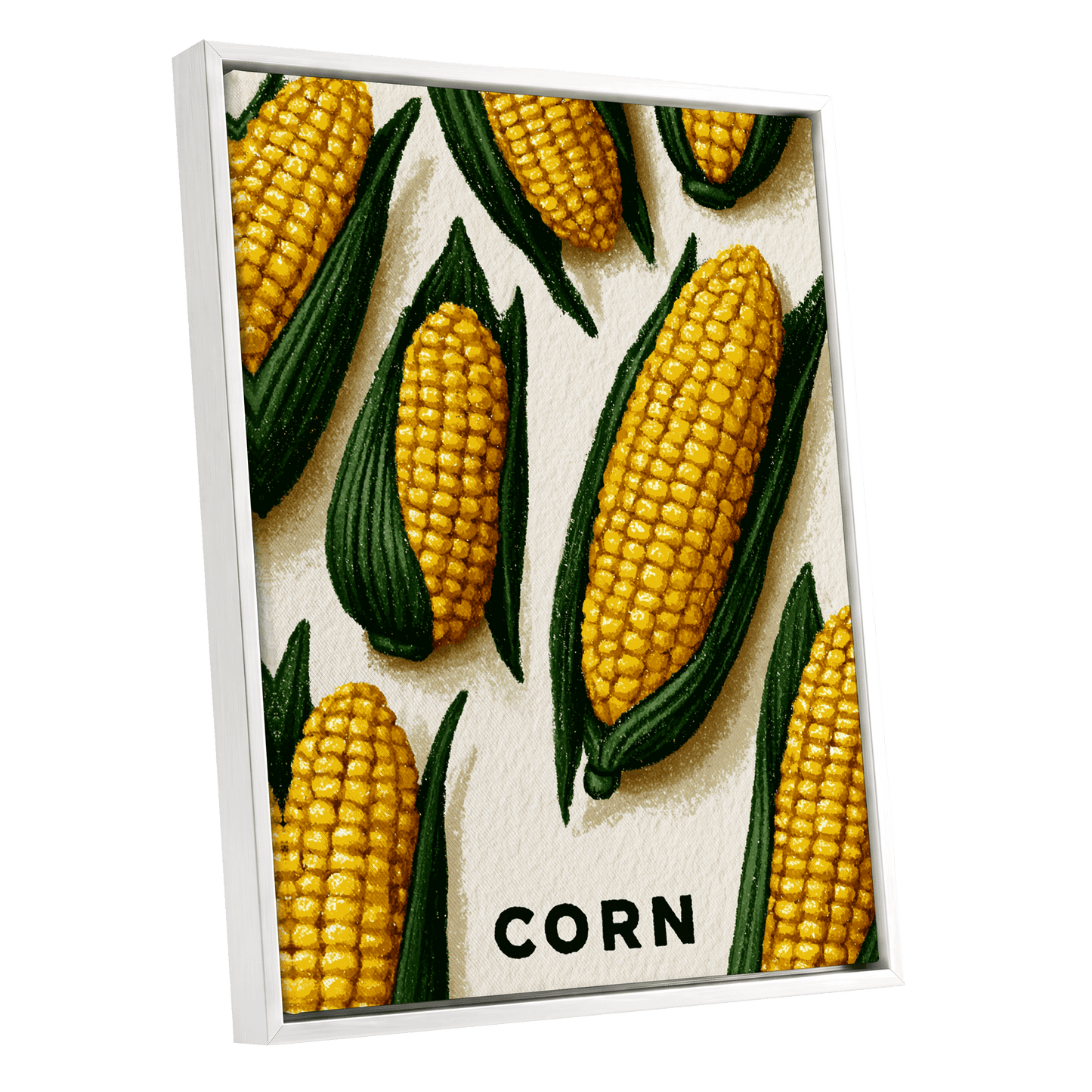 Golden Corn Harvest, yellow, green, beige nature wall art shown as a white framed canvas wall art