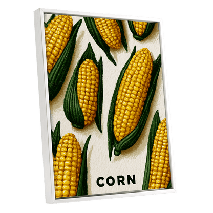 Golden Corn Harvest, yellow, green, beige nature wall art shown as a white framed canvas wall art