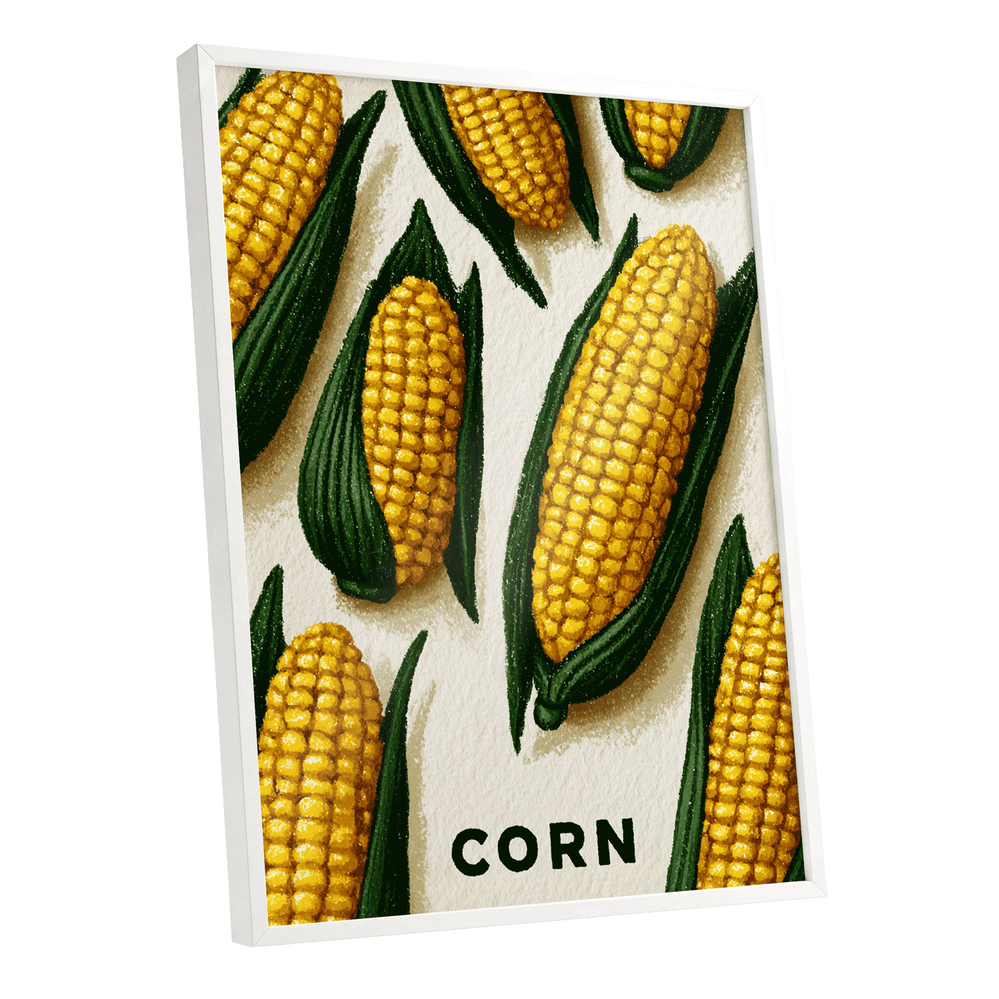 Golden Corn Harvest, yellow, green, beige nature wall art shown as a white framed poster wall art print