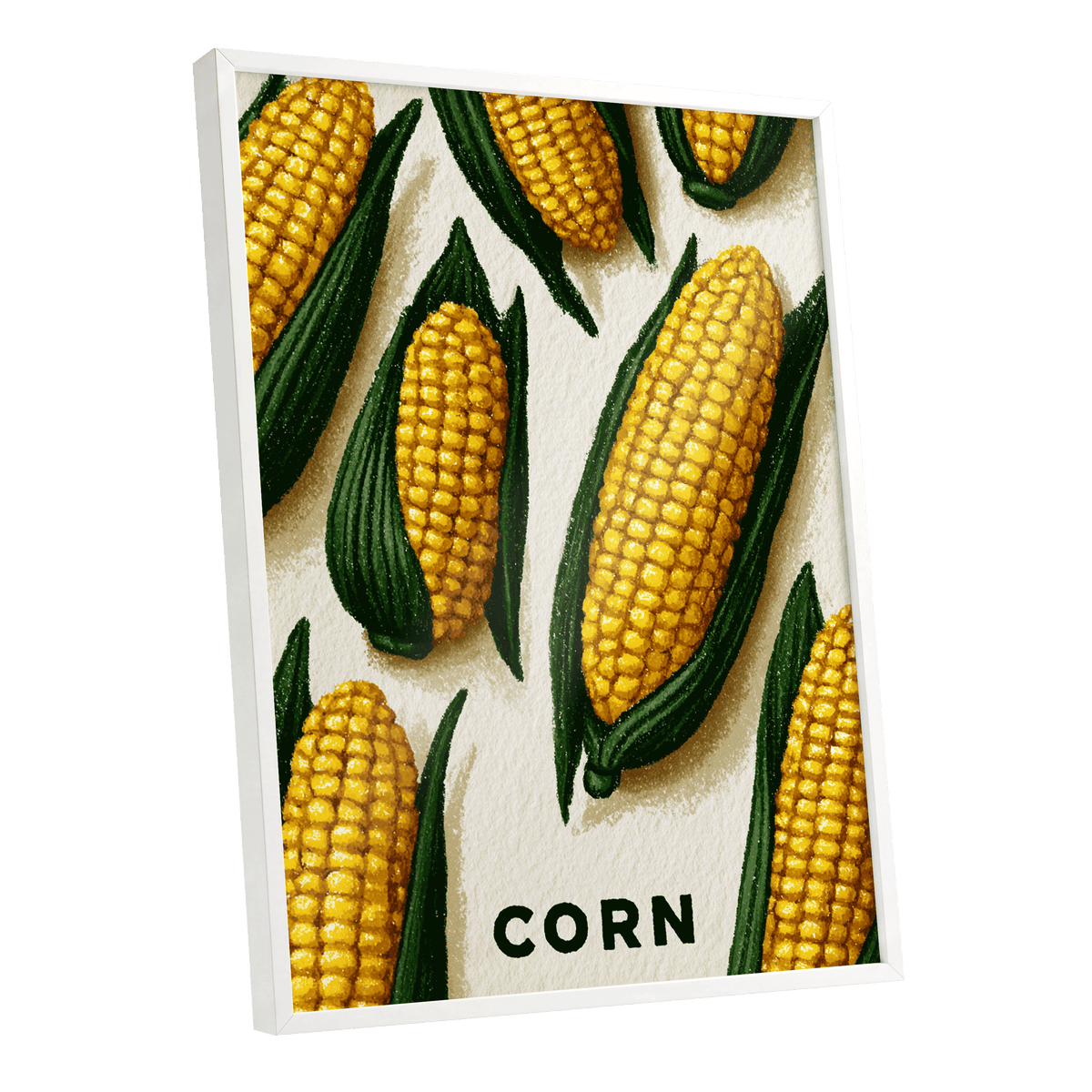 Golden Corn Harvest, yellow, green, beige nature wall art shown as a white framed poster wall art print