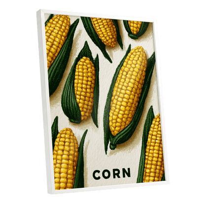 Golden Corn Harvest, yellow, green, beige nature wall art shown as a white framed poster wall art print