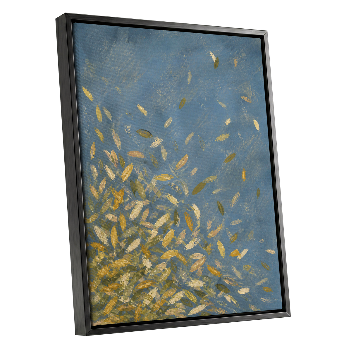 Golden Drift, blue, gold, beige nature wall art shown as a black framed canvas wall art
