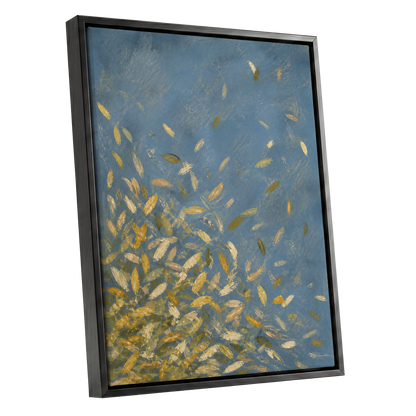 Golden Drift, blue, gold, beige nature wall art shown as a black framed canvas wall art