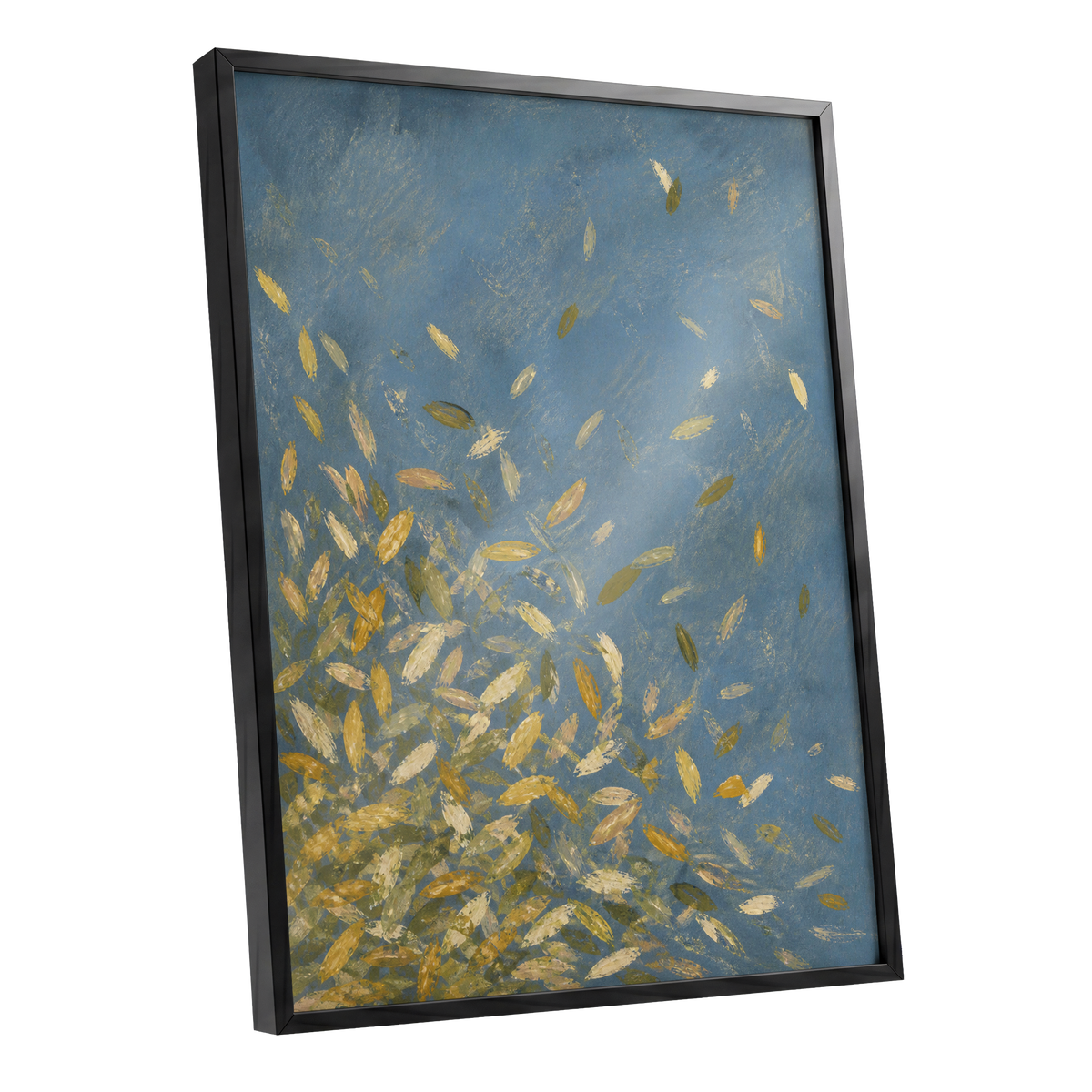 Golden Drift, blue, gold, beige nature wall art shown as a black framed poster wall art print