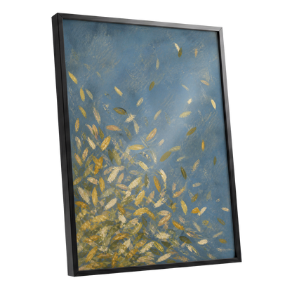 Golden Drift, blue, gold, beige nature wall art shown as a black framed poster wall art print