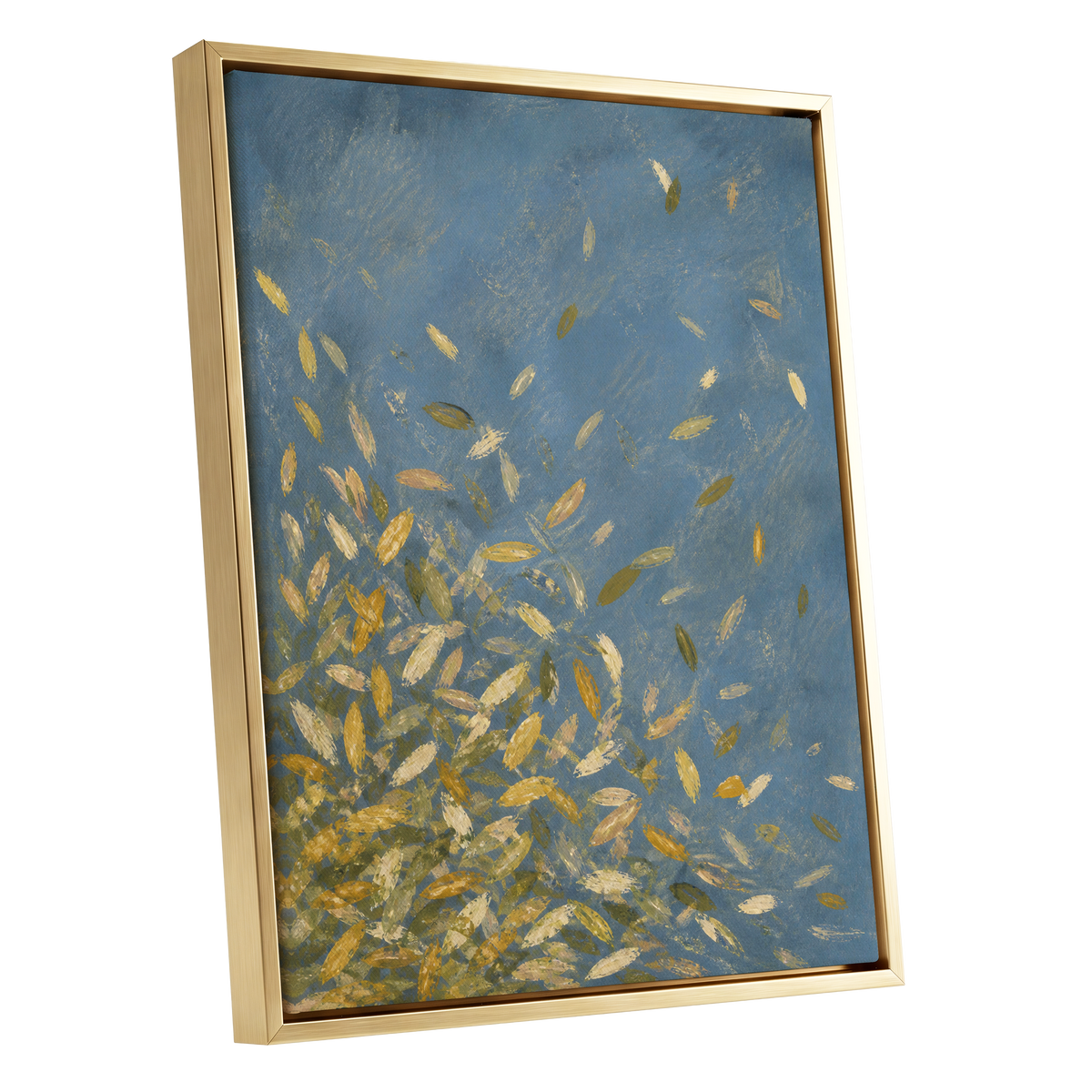 Golden Drift, blue, gold, beige nature wall art shown as a gold framed canvas wall art
