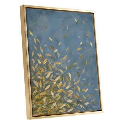 Golden Drift, blue, gold, beige nature wall art shown as a gold framed canvas wall art