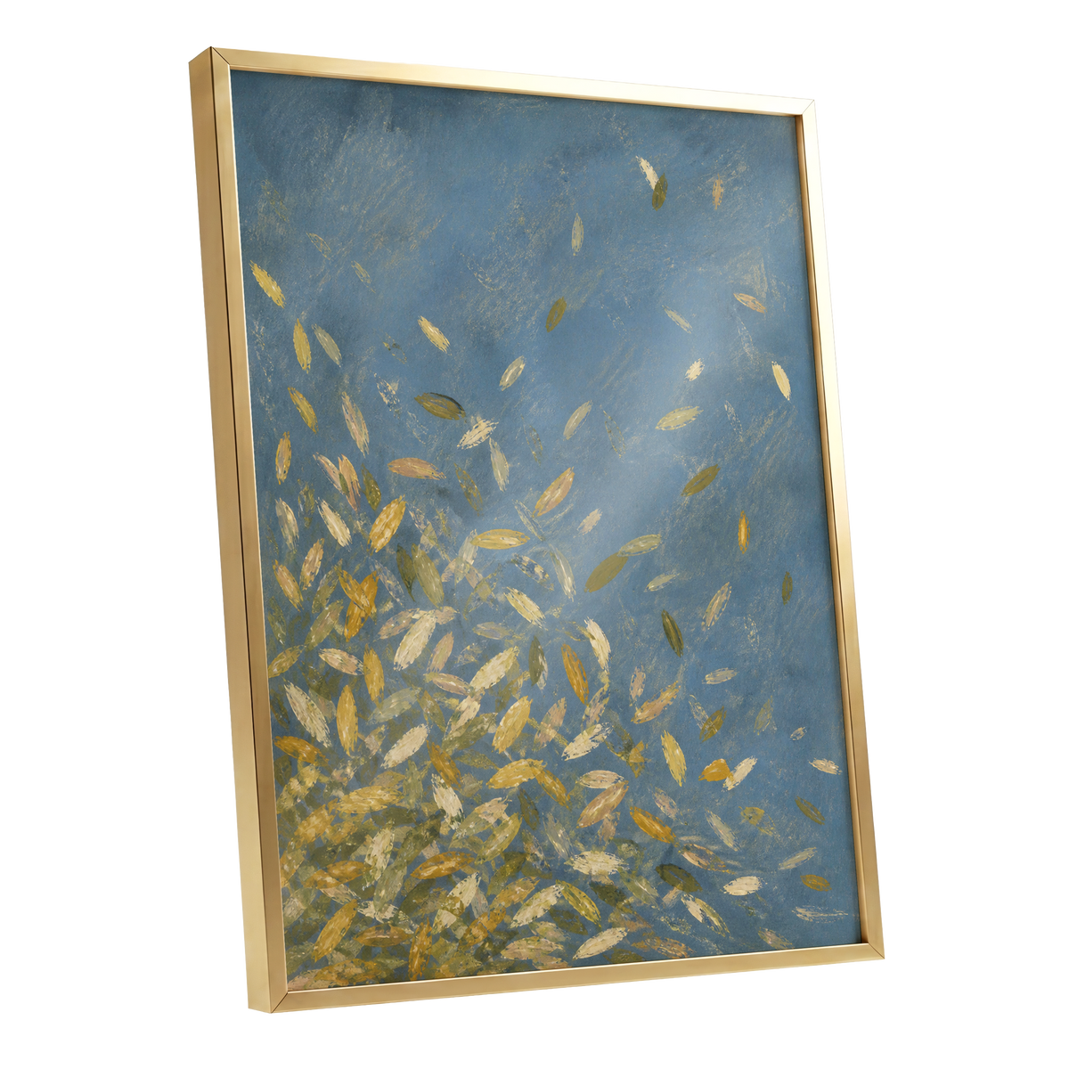 Golden Drift, blue, gold, beige nature wall art shown as a gold framed poster wall art print