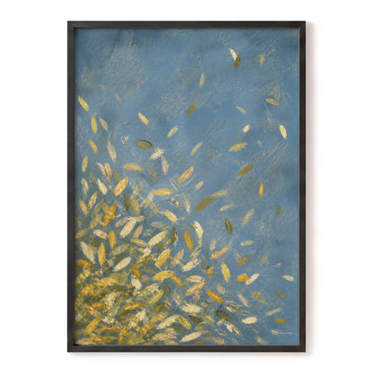 Golden Drift, blue, gold, beige nature wall art, front artwork view