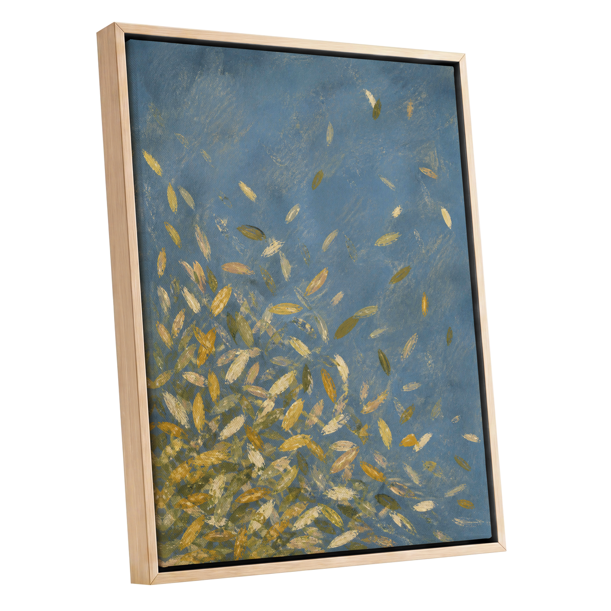 Golden Drift, blue, gold, beige nature wall art shown as a oak framed canvas wall art
