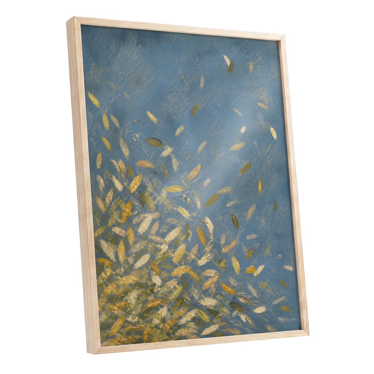 Golden Drift, blue, gold, beige nature wall art shown as a oak framed poster wall art print