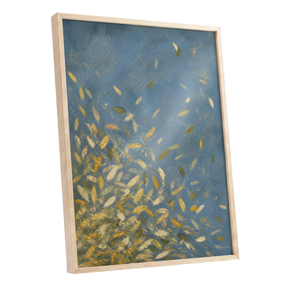 Golden Drift, blue, gold, beige nature wall art shown as a oak framed poster wall art print