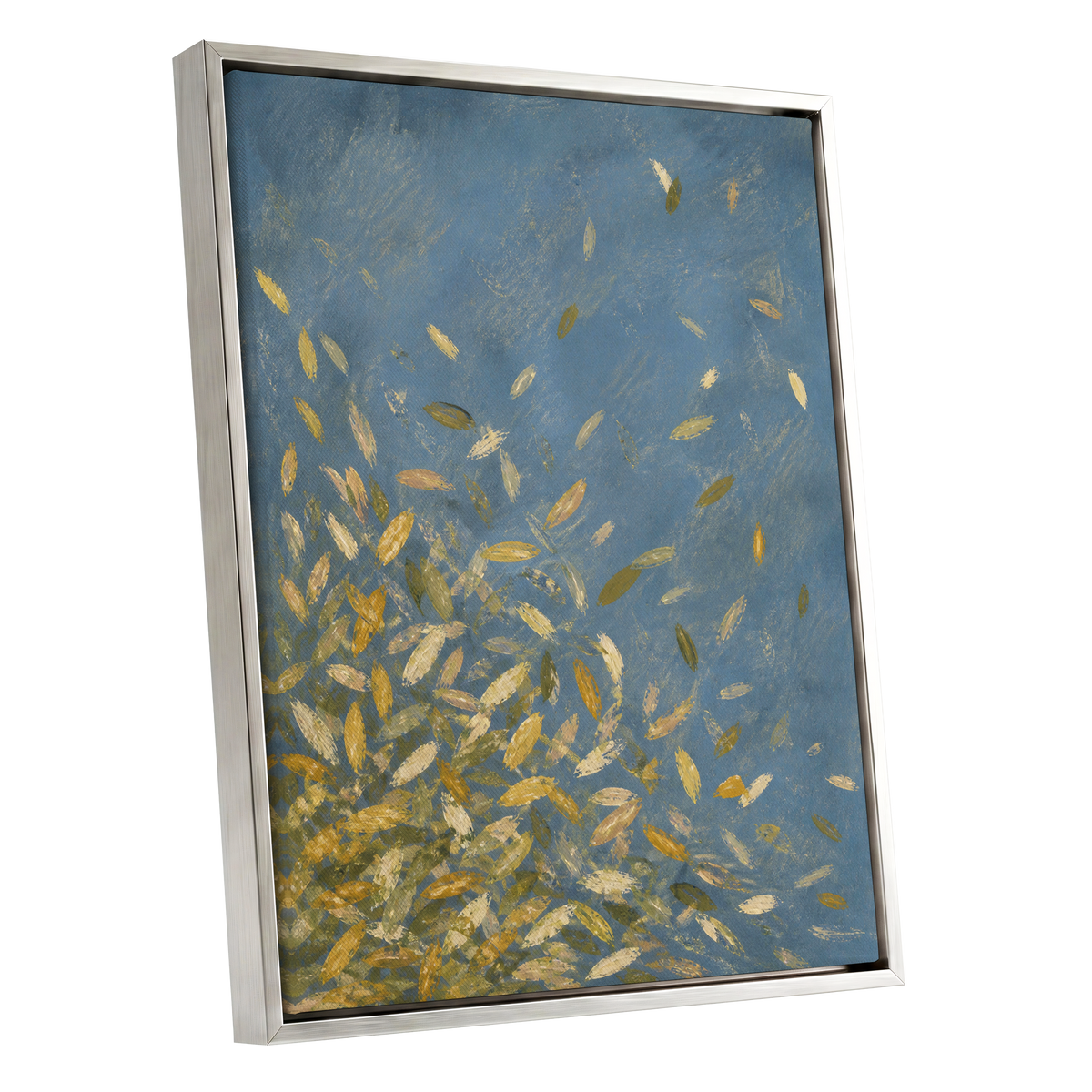 Golden Drift, blue, gold, beige nature wall art shown as a silver framed canvas wall art