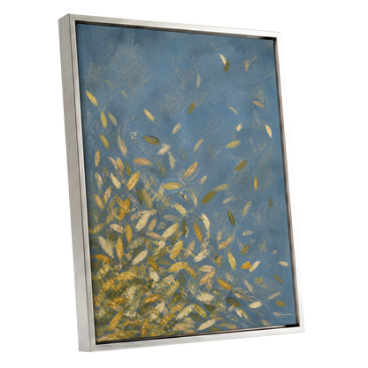 Golden Drift, blue, gold, beige nature wall art shown as a silver framed canvas wall art