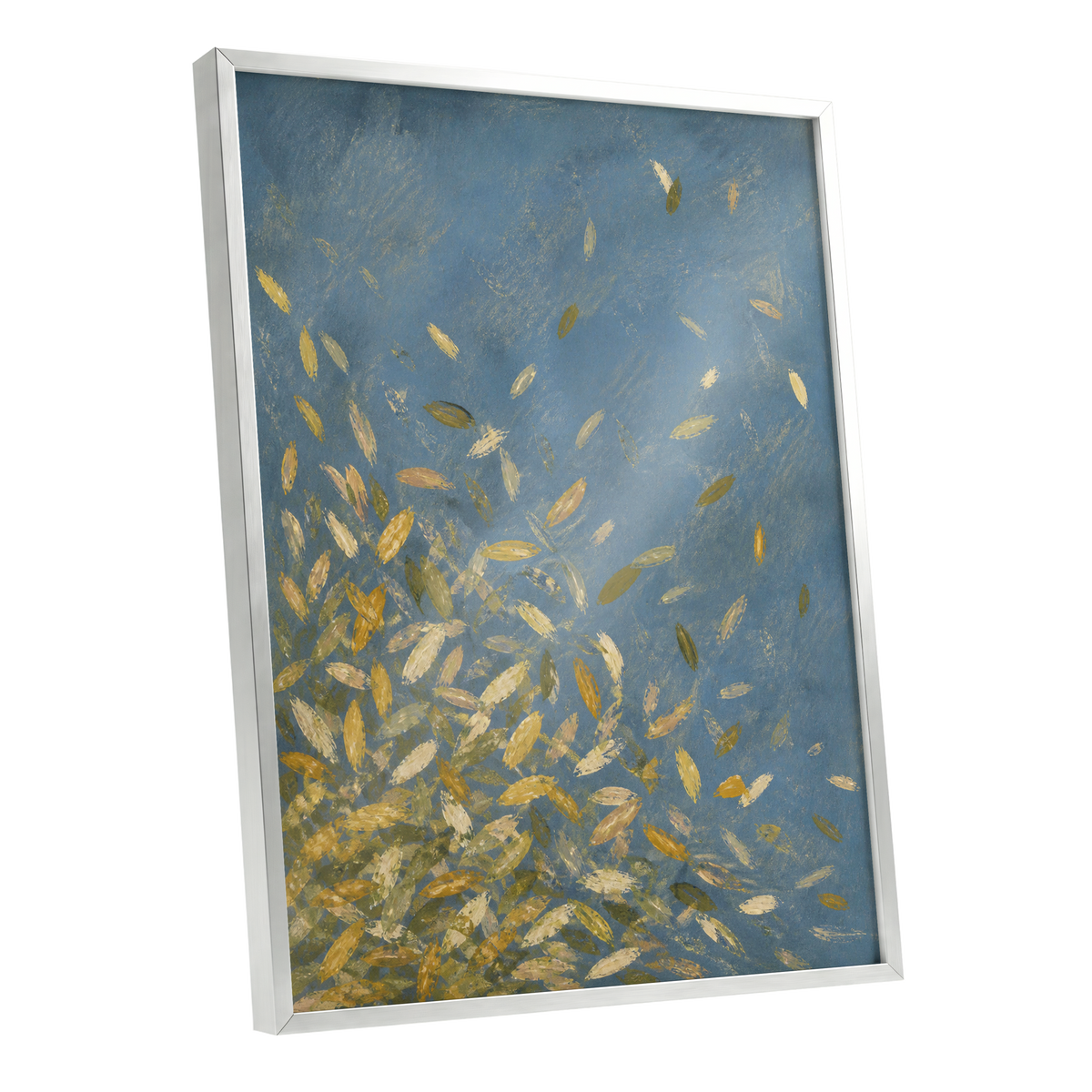 Golden Drift, blue, gold, beige nature wall art shown as a silver framed poster wall art print