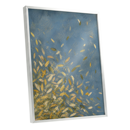 Golden Drift, blue, gold, beige nature wall art shown as a silver framed poster wall art print