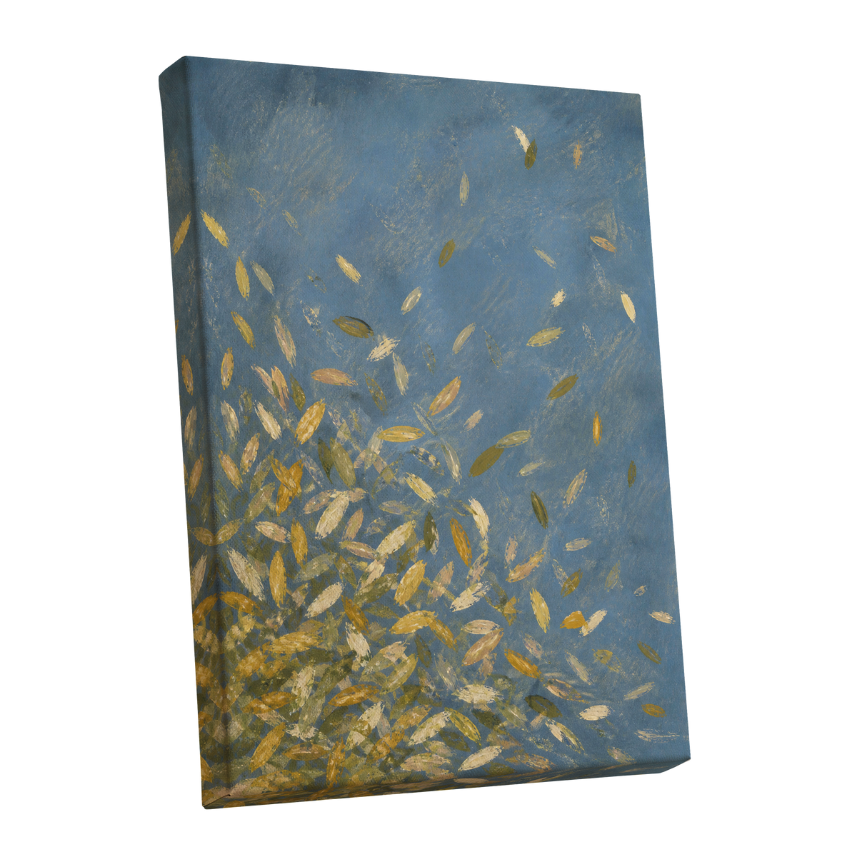 Golden Drift, blue, gold, beige nature wall art shown as a stretched canvas wall art