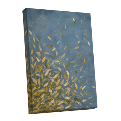Golden Drift, blue, gold, beige nature wall art shown as a stretched canvas wall art