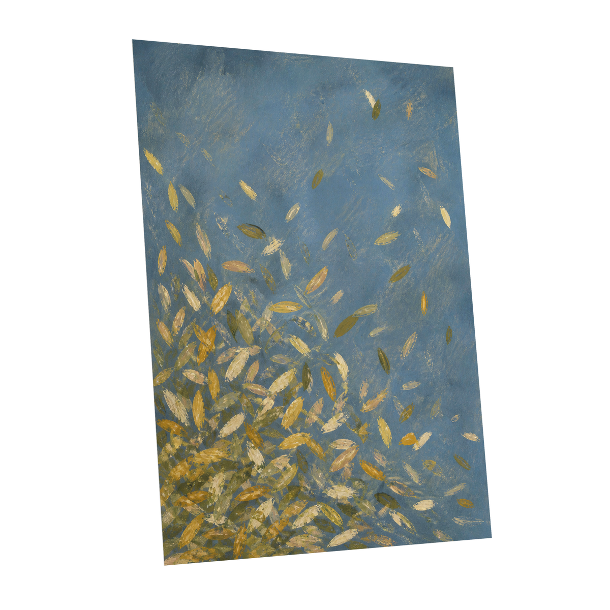 Golden Drift, blue, gold, beige nature wall art shown as a unframed poster wall art print