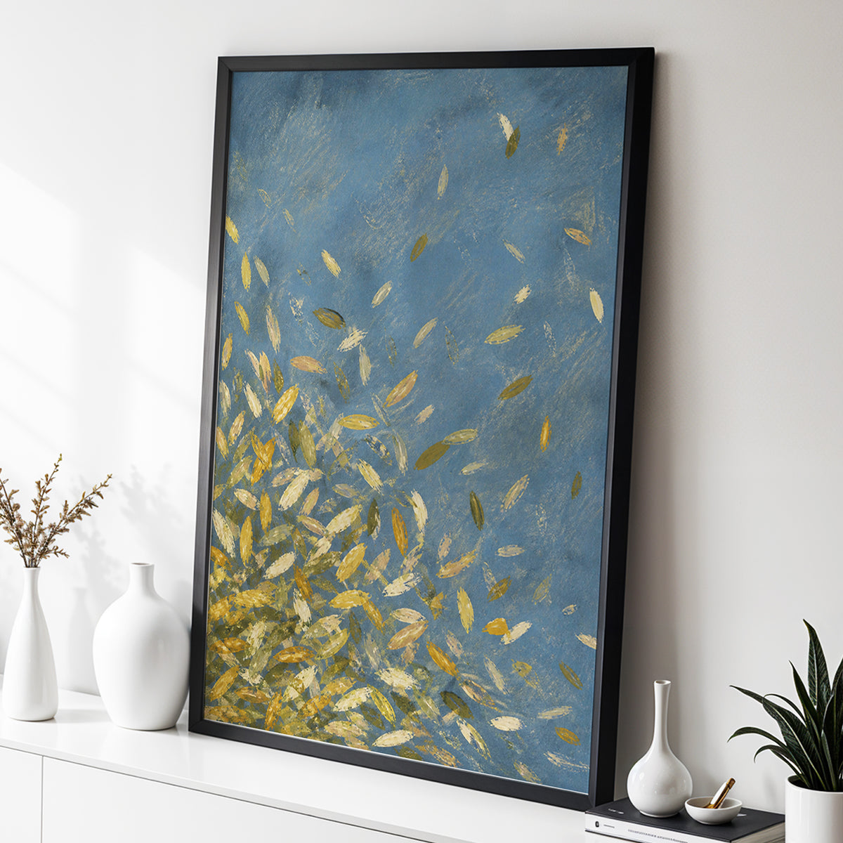 Golden Drift, blue, gold, beige nature wall art displayed in a styled interior, gallery view 2